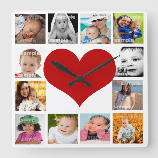 12 Photo Collage heart Unique Custom Personalized Square Wall Clock (Front)