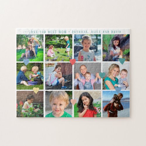 12 photo collage LOVE for BEST MOM green script Jigsaw Puzzle