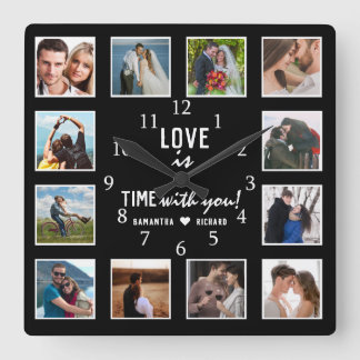 12 Photo Collage Love Quote Wedding Anniversary Square Wall Clock