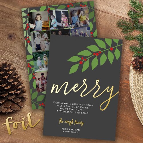12 Photo Collage _ Merry Script _ Botanical Foil Holiday Card