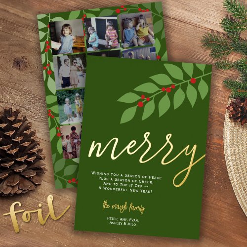 12 Photo Collage _ Merry Script _ Green Botanical Foil Holiday Card