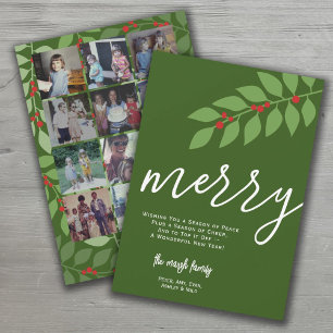 12 Photo Collage - Merry Script - Green Botanical Holiday Card