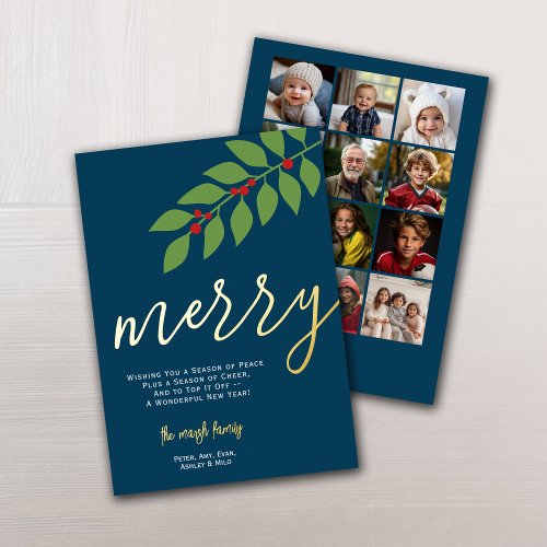 12 Photo Collage _ Merry Script _ Navy Botanical Foil Holiday Card