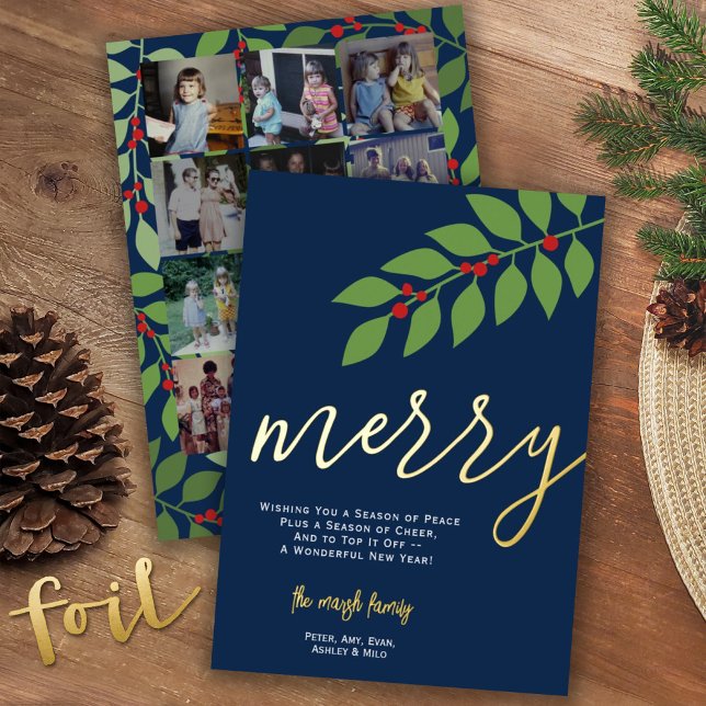 12 Photo Collage - Merry Script - Navy Botanical Foil Holiday Card (Creator Uploaded)
