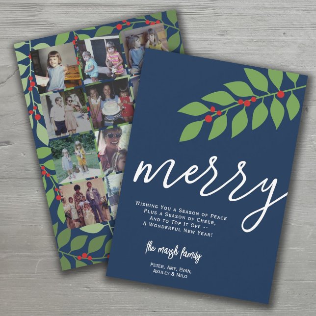 12 Photo Collage - Merry Script - Navy Botanical Holiday Card (Creator Uploaded)