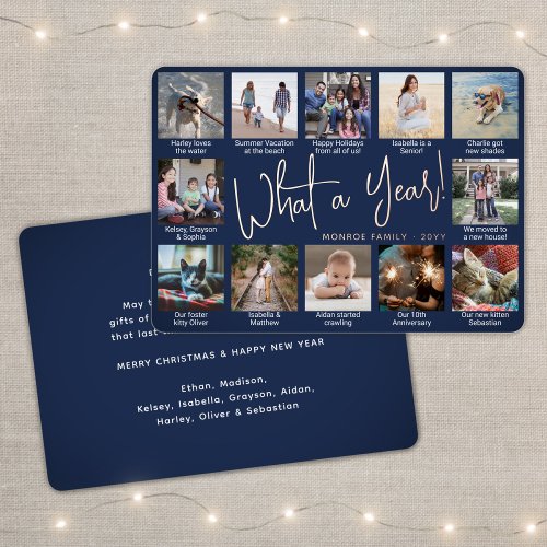 12 Photo Collage Navy Blue What a Year Modern Foil Holiday Card