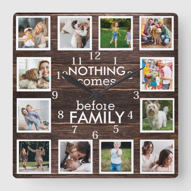 12 Photo Collage Nothing comes before Family Quote Square Wall Clock (Front)