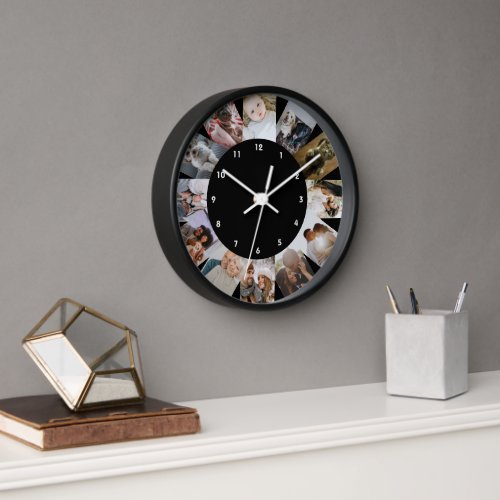 12 Photo Collage Personalized Black White Clock