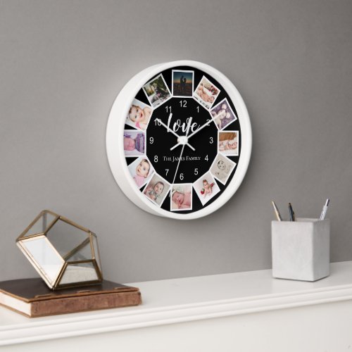 12 Photo Collage Personalized Black White Clock