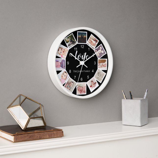 12 Photo Collage Personalized Black White Clock (Office)