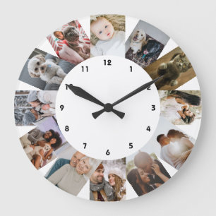 12 Photo Collage Personalized Black White Large Clock