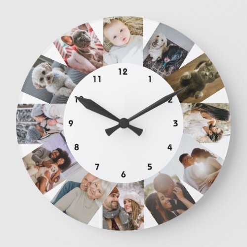 12 Photo Collage Personalized Black White Large Clock