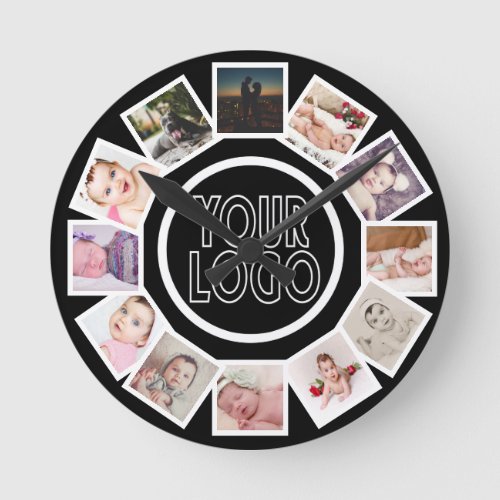 12 Photo Collage Personalized Black White  Round Clock