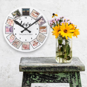 12 Photo Collage Personalized Black White  Round Clock