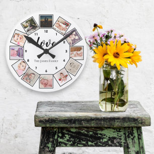 12 Photo Collage Personalized Black White Round Clock