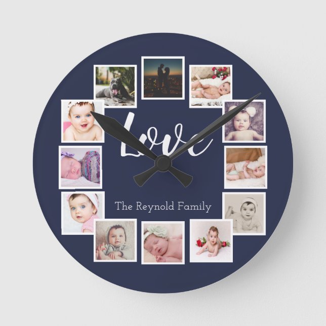 12 Photo Collage Personalized Blue Round Clock (Front)