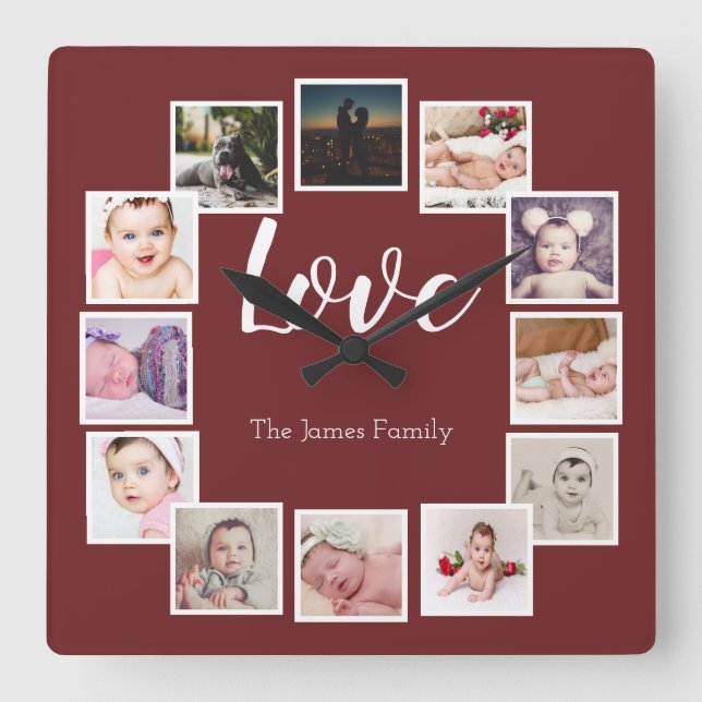 12 Photo Collage Personalized Burgundy Square Wall Clock (Front)