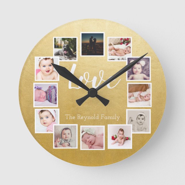 12 Photo Collage Personalized Gold Round Clock (Front)