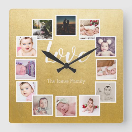 12 Photo Collage Personalized Gold Square Wall Clock