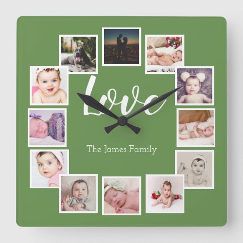 12 Photo Collage Personalized Green Square Wall Clock