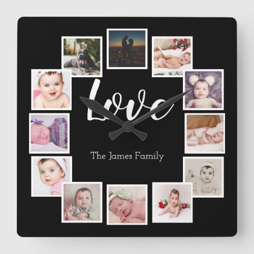 12 Photo Collage Personalized LOVE Family Square Wall Clock