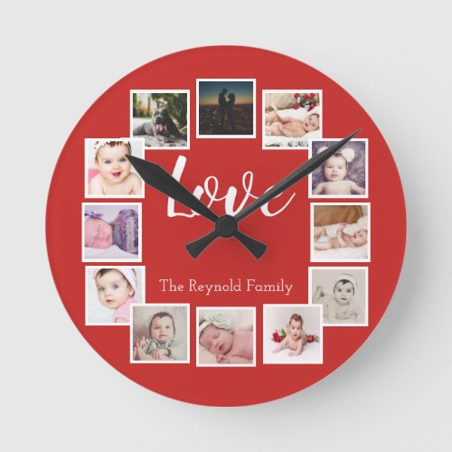 12 Photo Collage Personalized Red Round Clock