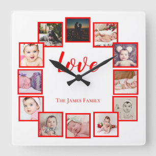 12 Photo Collage Personalized Red Square Wall Clock