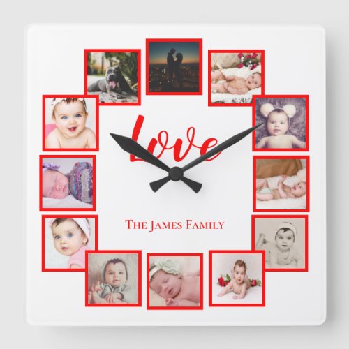 12 Photo Collage Personalized Red Square Wall Clock