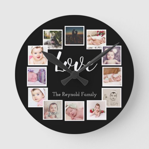 12 Photo Collage Personalized Round Clock