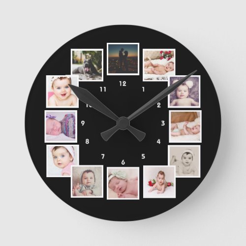 12 Photo Collage Personalized Round Clock