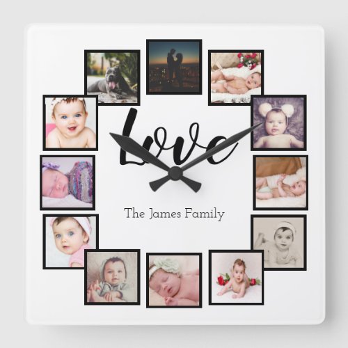 12 Photo Collage Personalized White Square Wall Clock
