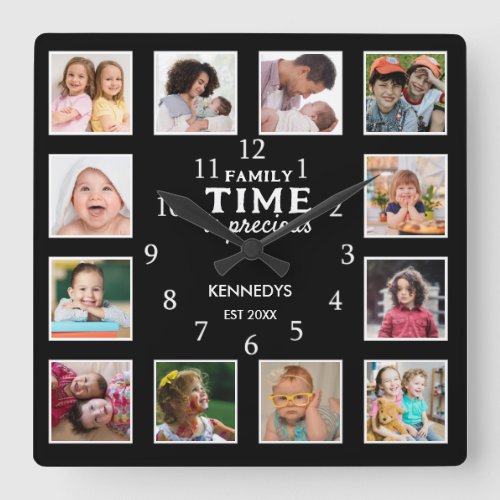 12 Photo Collage Picture Frame Family Quote Black Square Wall Clock