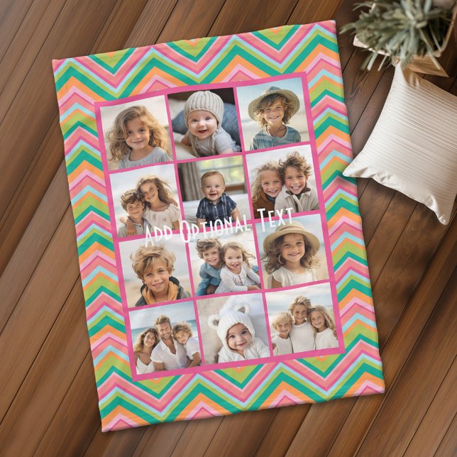 12 Photo Collage - Pink Colorful Chevron Pattern Fleece Blanket (Personalized fleece blanket with 12 photos and a monogram)