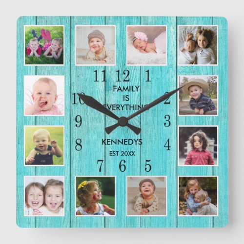 12 Photo Collage Quote Blue Wood Beach House  Square Wall Clock