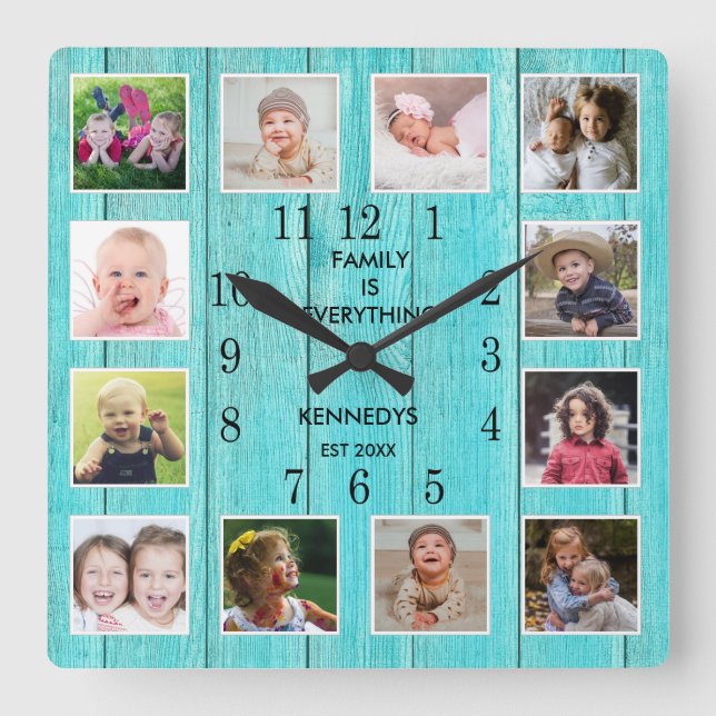 12 Photo Collage Quote Blue Wood Beach House  Square Wall Clock (Front)