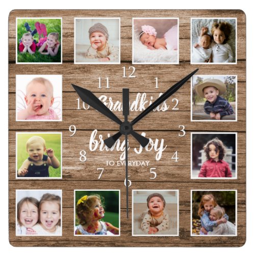 12 Photo Collage Rustic Barn Wood Grandkids Quote Square Wall Clock