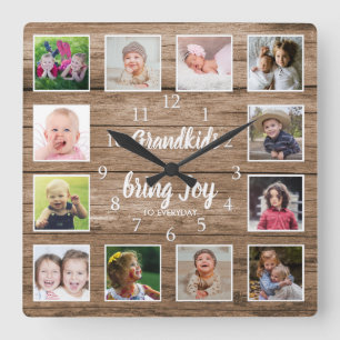 12 Photo Collage Rustic Barn Wood Grandkids Quote Square Wall Clock