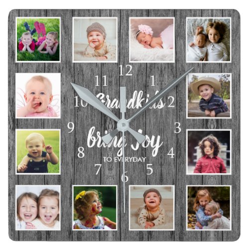 12 Photo Collage Rustic Gray Wood Grandkids Quote Square Wall Clock