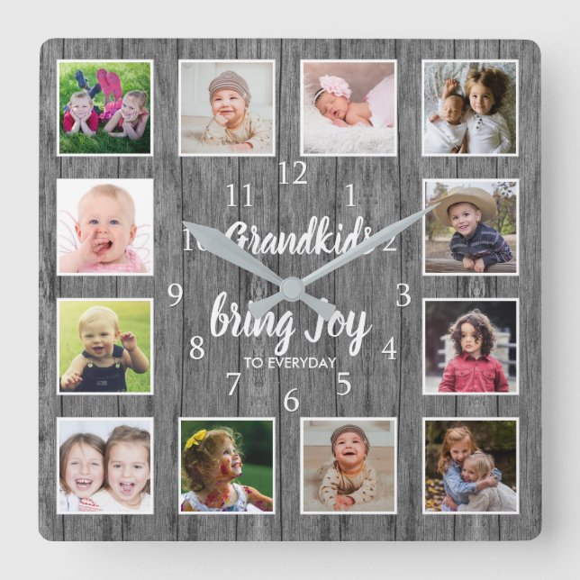 12 Photo Collage Rustic Gray Wood Grandkids Quote Square Wall Clock (Front)