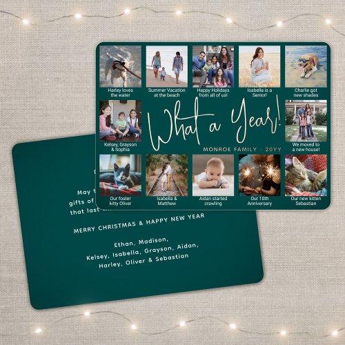 12 Photo Collage Teal What a Year Modern Script Foil Holiday Card