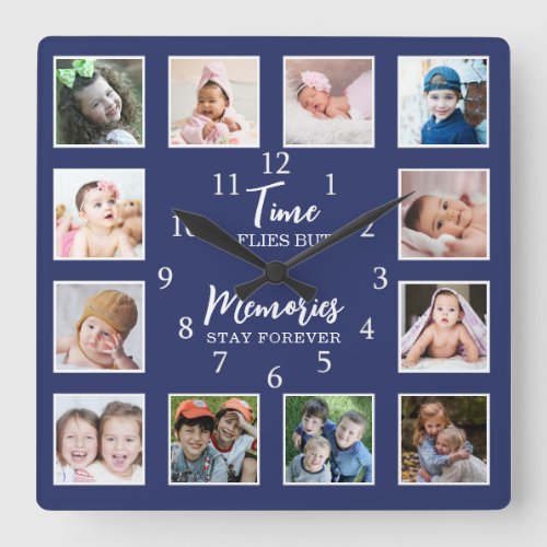 12 Photo Collage Time Flies Memories Stay Blue Square Wall Clock