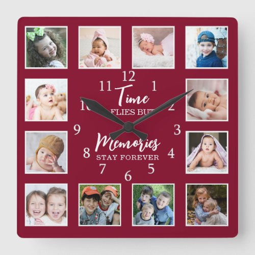 12 Photo Collage Time Flies Memories Stay Burgundy Square Wall Clock