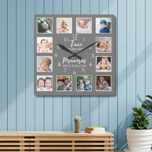 12 Photo Collage Time Flies Memories Stay Gray Square Wall Clock