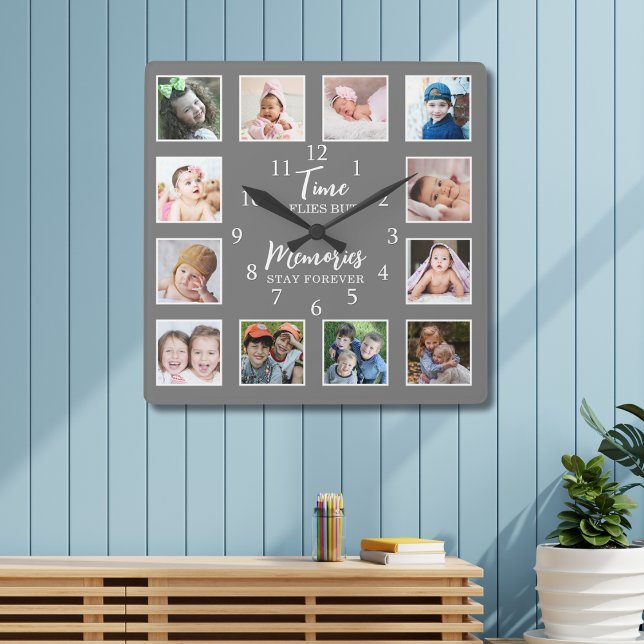 12 Photo Collage Time Flies Memories Stay Gray Square Wall Clock (Creator Uploaded)