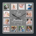 12 Photo Collage Time Flies Memories Stay Gray Square Wall Clock<br><div class="desc">Modern black and white 12 photo collage wall clock with 'Time flies but memories stay forever' quote typography in the middle.</div>