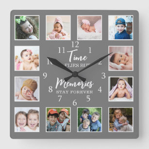 12 Photo Collage Time Flies Memories Stay Gray Square Wall Clock