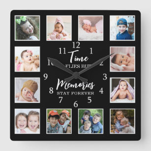 12 Photo Collage Time Flies Memories Stay Quote Square Wall Clock