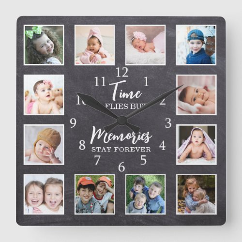 12 Photo Collage Time Flies Quote Chalkboard Square Wall Clock