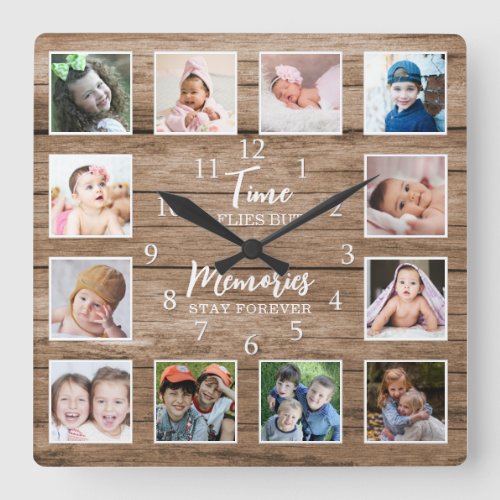 12 Photo Collage Time Memories Quote Rustic Wood Square Wall Clock