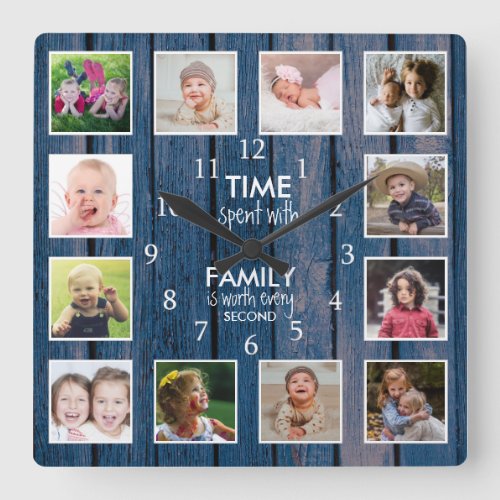 12 Photo Collage Time Spent With Family Quote Wood Square Wall Clock